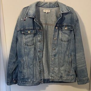 Madewell distressed Blue Denim Jacket with Tiny Embroidered Detail